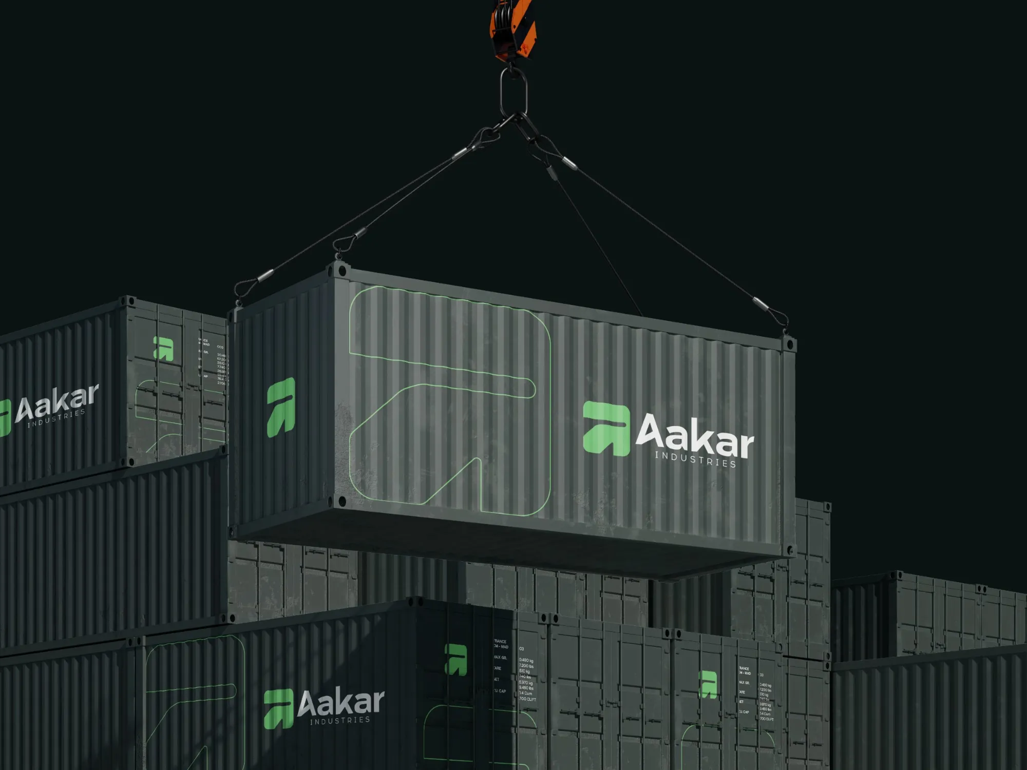 Aakar branded shipping containers lifted by crane