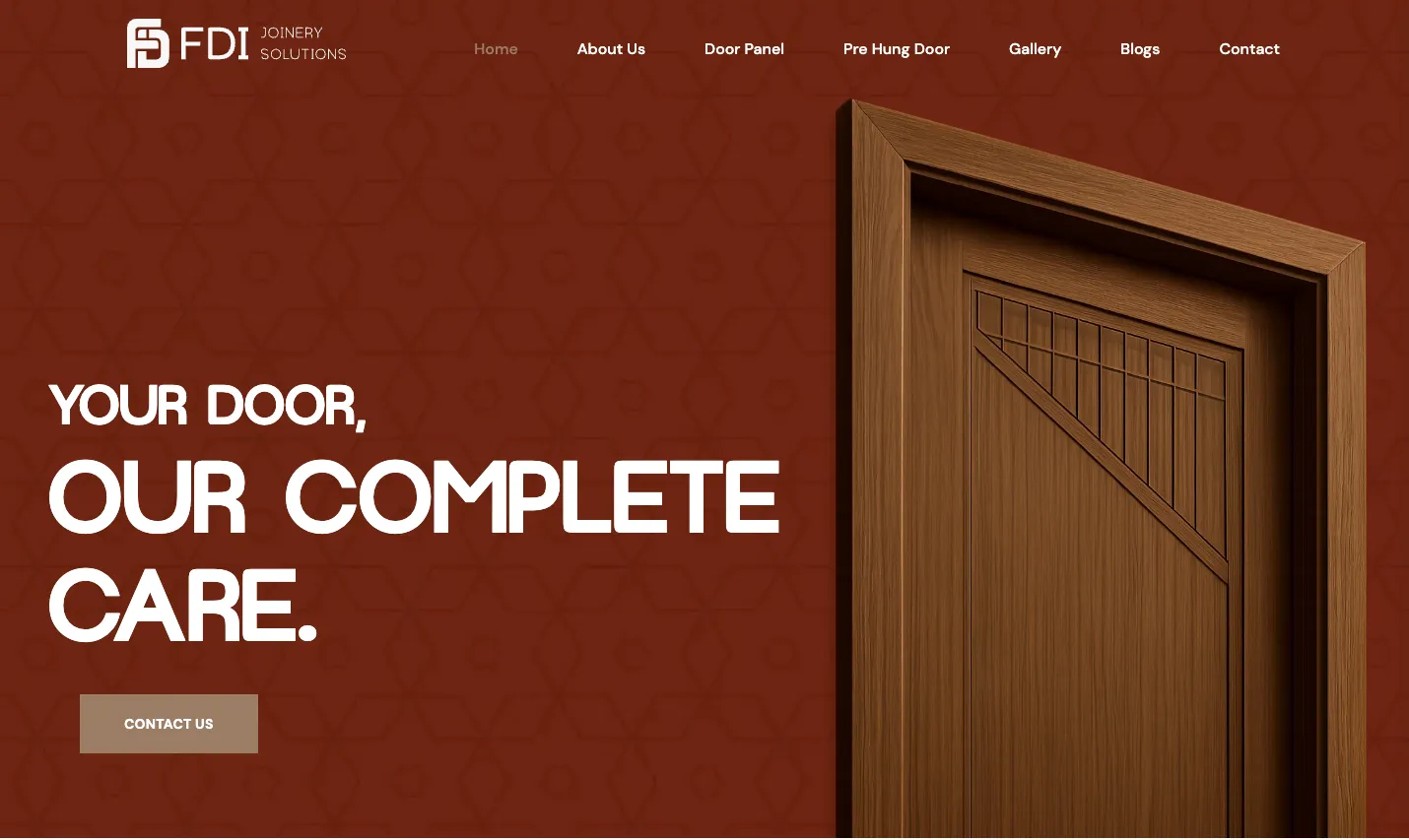 fdijoinery.com homepage: Your door, our complete care, with a wooden door in its frame