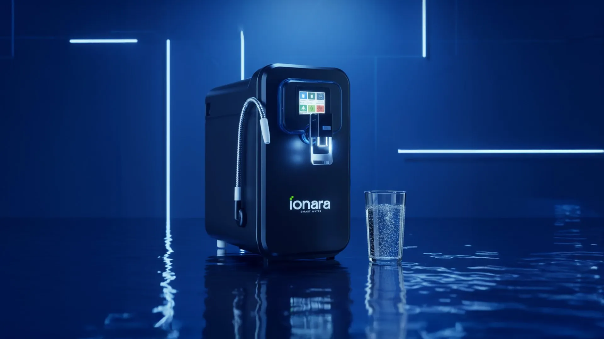 Black Ionara smart purifier on a blue reflective surface beside a glass of water