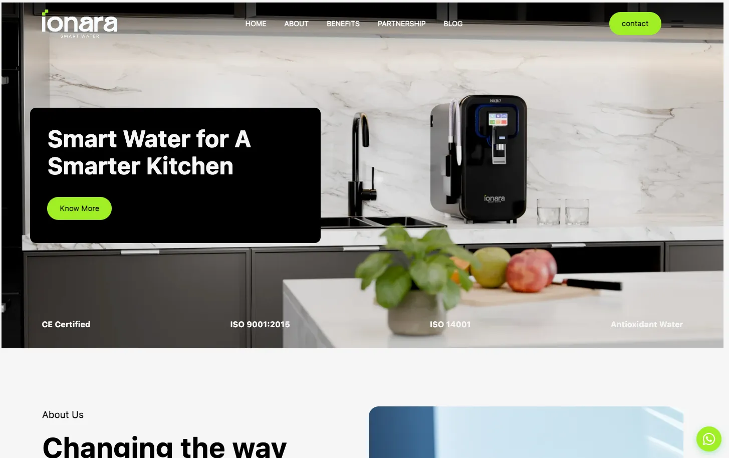 ionarasmartwater.com homepage: Smart Water for a Smarter Kitchen, with the purifier on a marble counter
