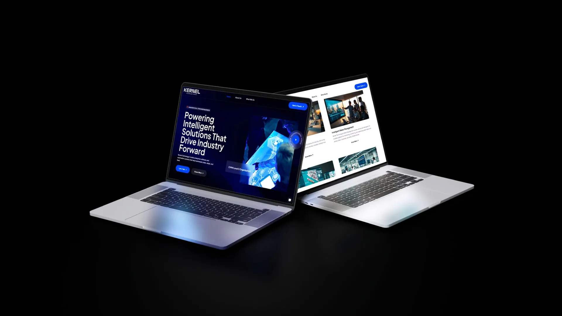 Kernel Technology website on two laptops: dark hero and light services page