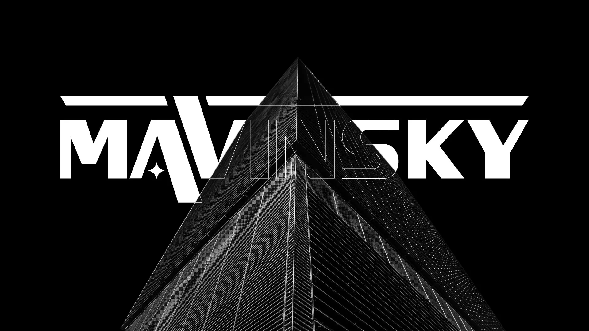 Mavinsky wordmark over a black-and-white tower shot from below