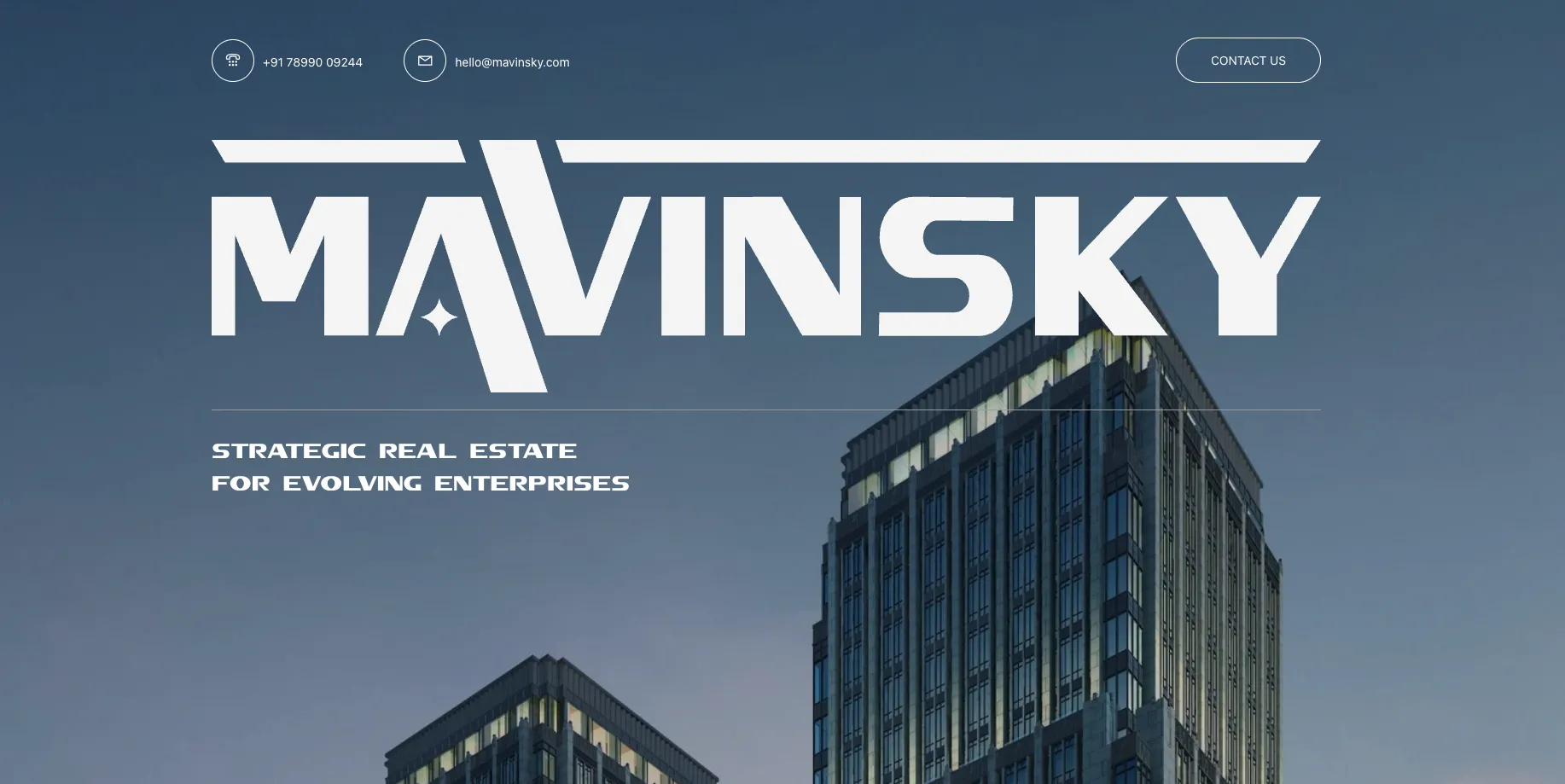 mavinsky.com homepage: Mavinsky wordmark over a tower at dusk, Strategic real estate for evolving enterprises
