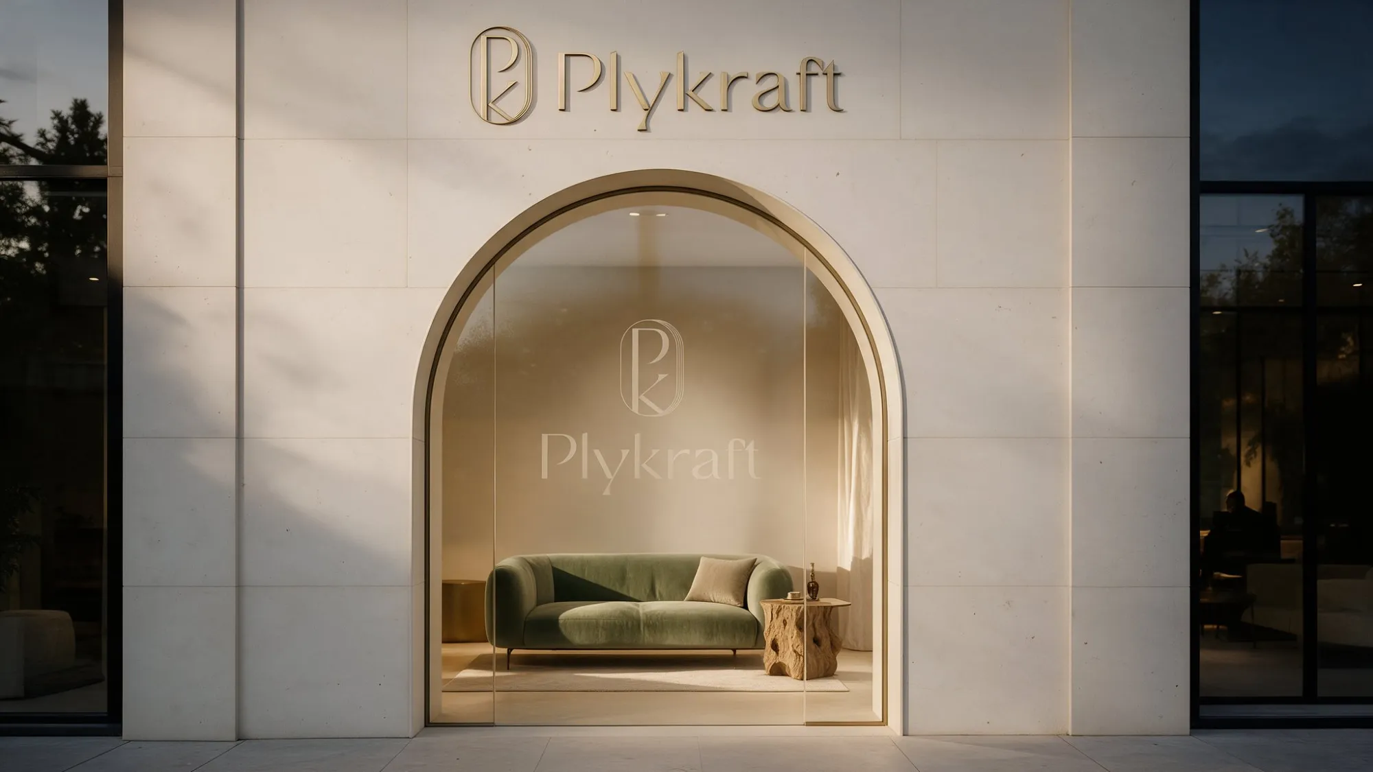 Plykraft showroom facade at dusk with an arched glass entrance and brass lettering