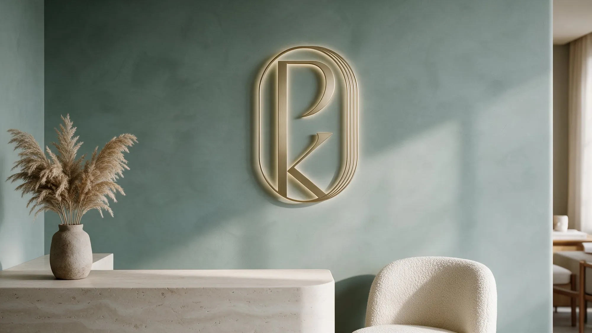 Brass PK monogram on a sage limewash wall above a travertine reception desk