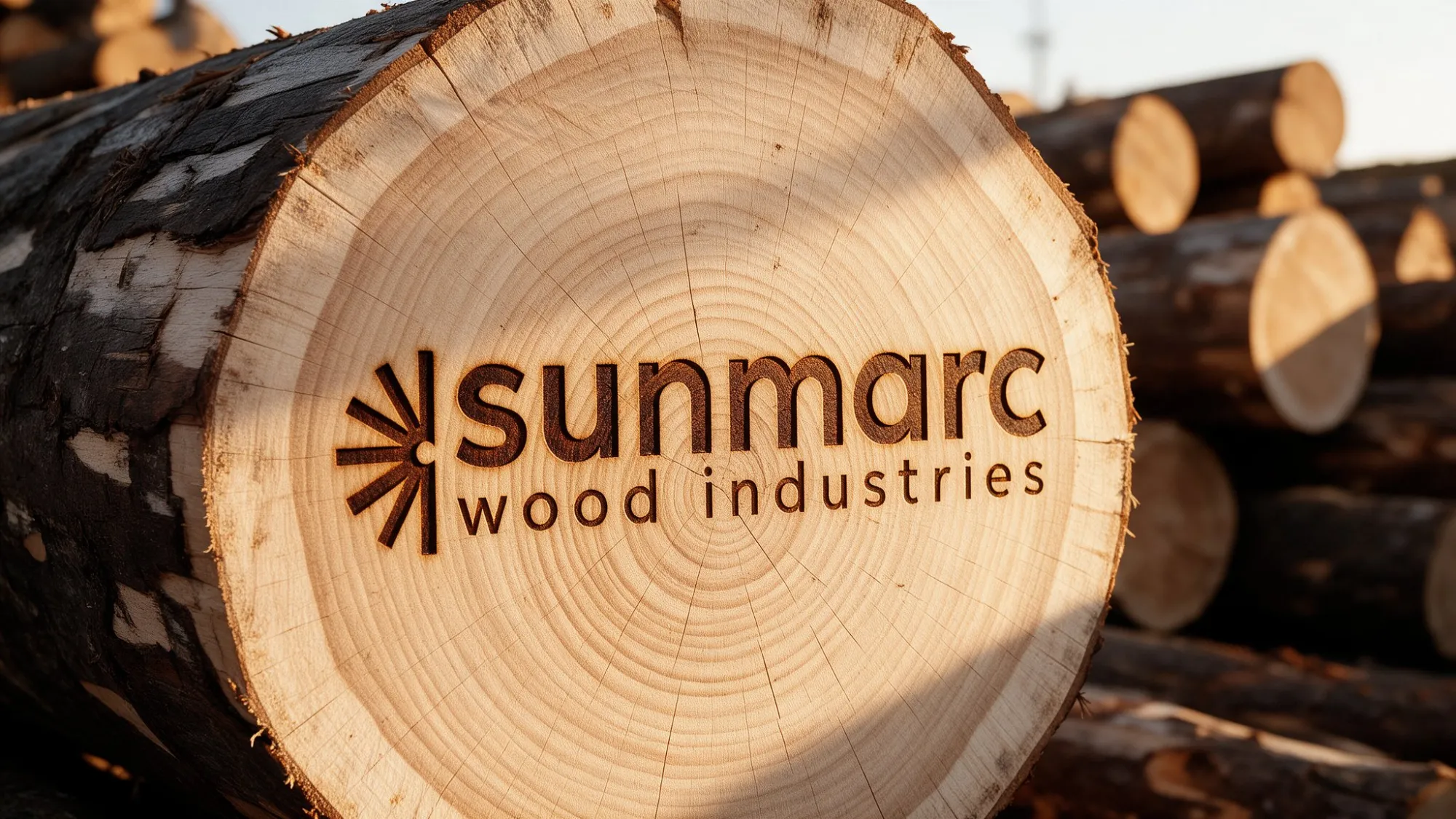 The Sunmarc logo branded into the sawn end of a large log in a timber yard