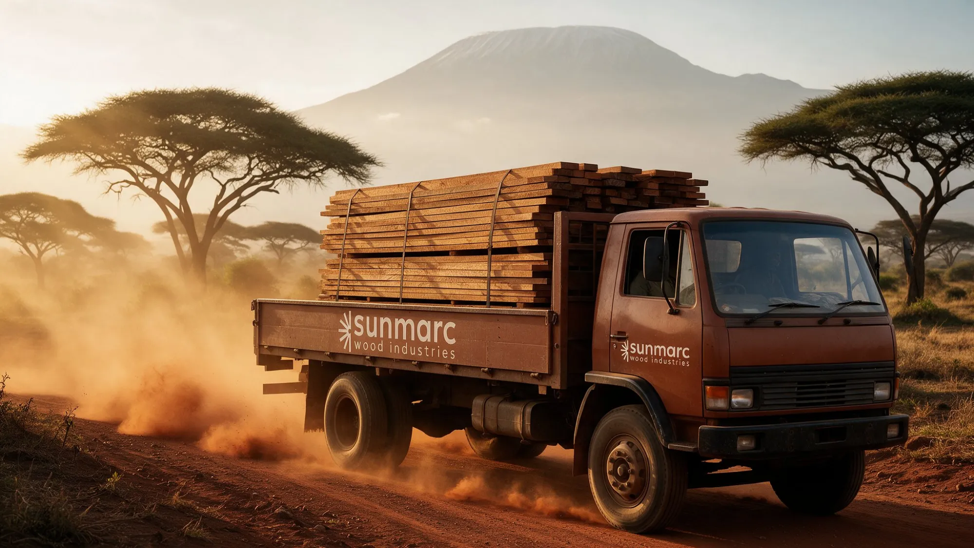 Rust Sunmarc timber truck on a red dirt road with Kilimanjaro behind
