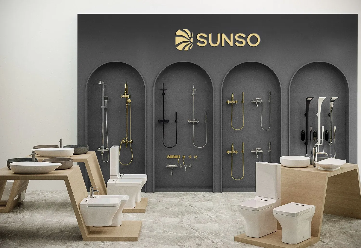 Sunso showroom wall with arched niches of showers and fittings