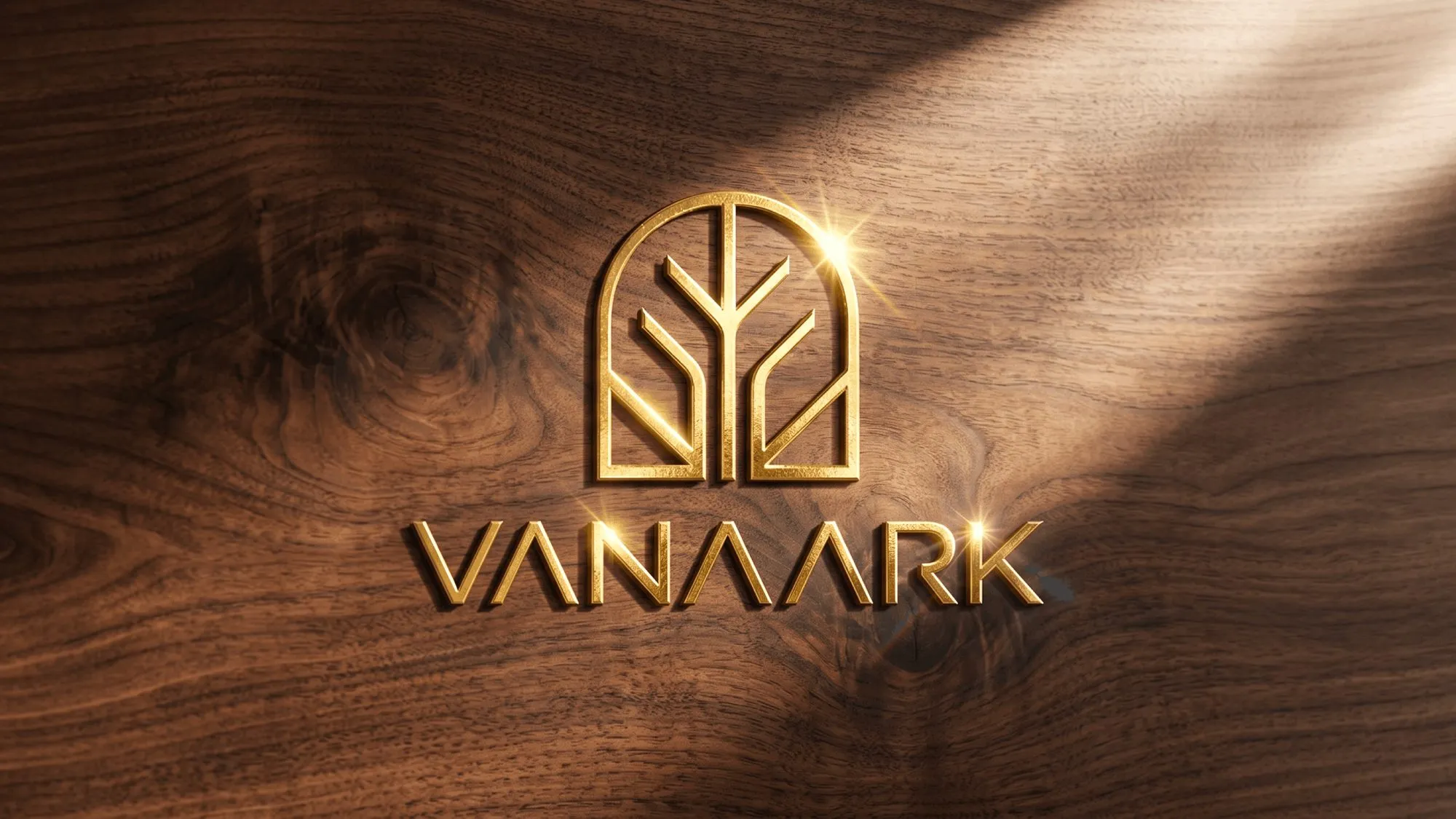 Vanaark logo in gold leaf on walnut
