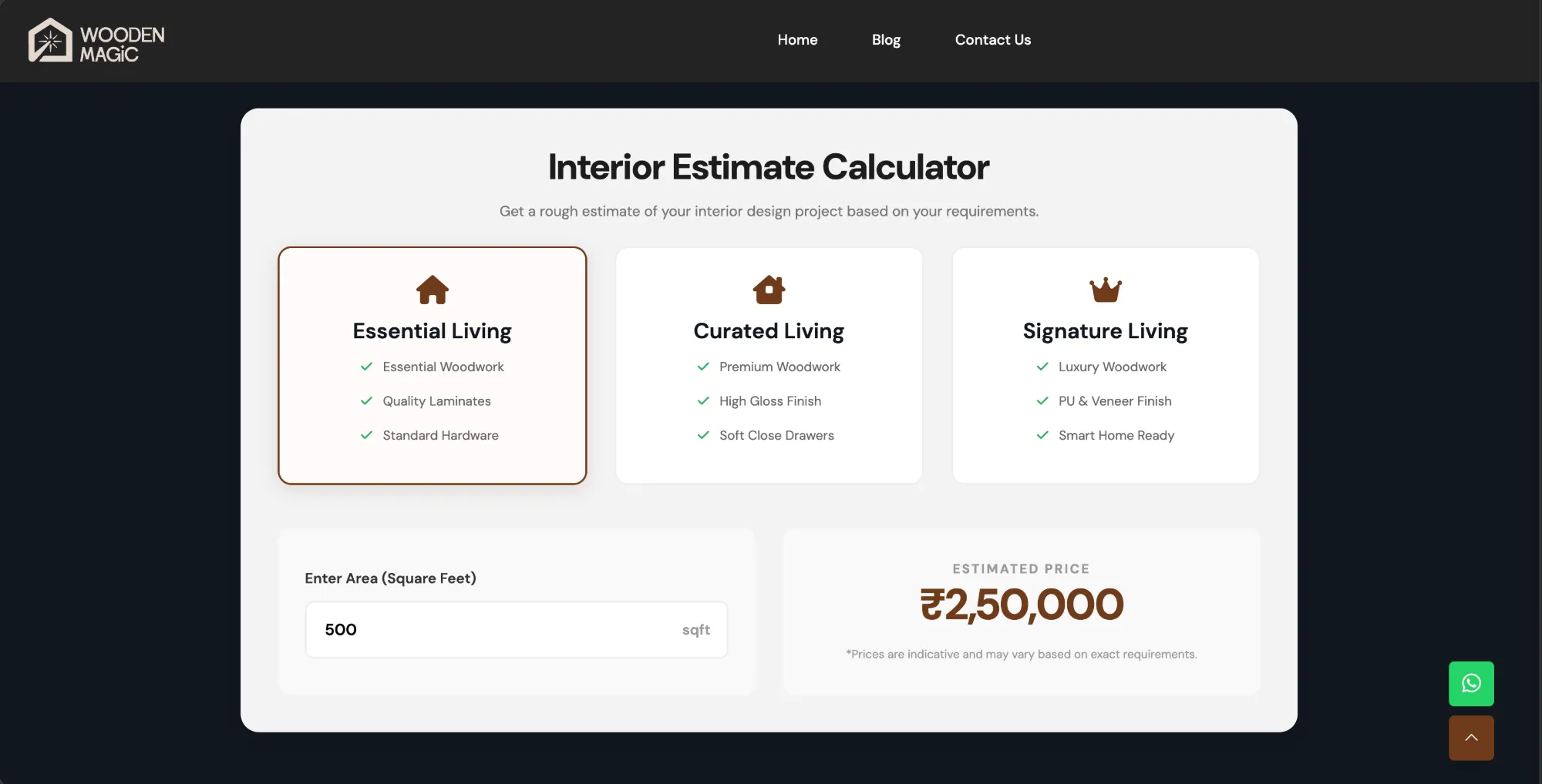 Wooden Magic interior estimate calculator