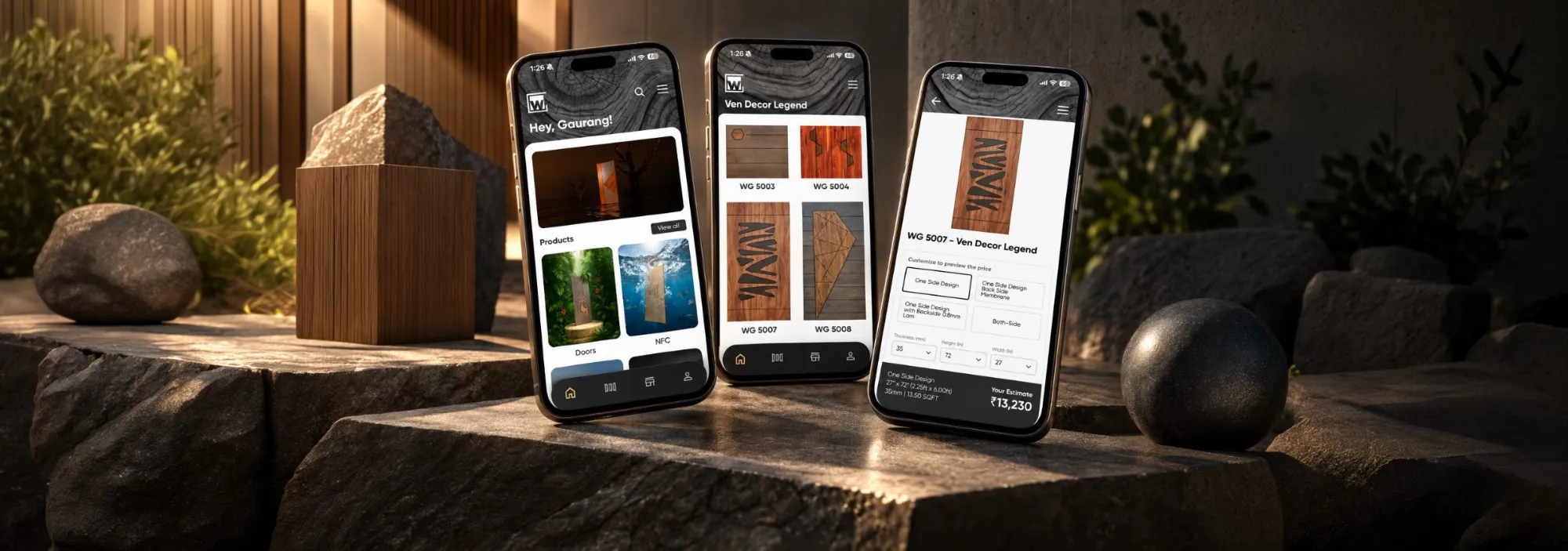Three phones on dark stone showing the Wudgres app: home, Ven Decor Legend catalogue, and a product with a price estimate