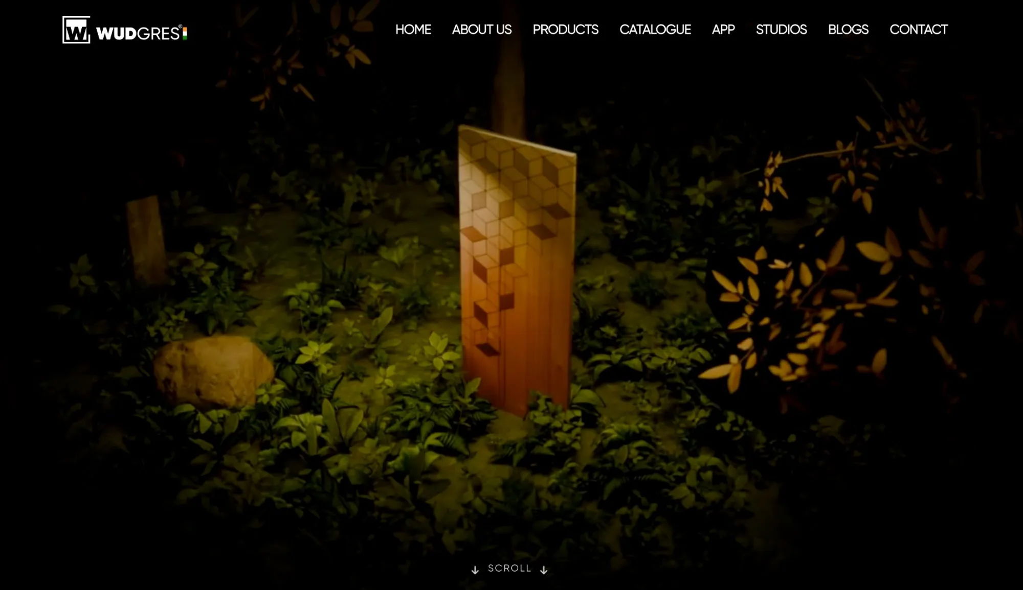 wudgres.com homepage: a glowing geometric door standing in a dark forest